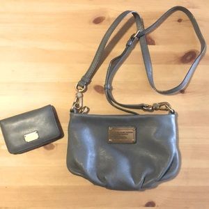 Marc Jacobs gray leather cross body purse and wallet set.